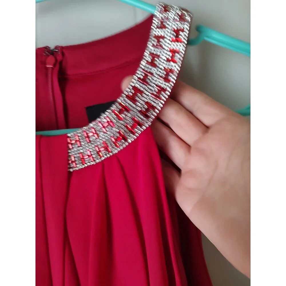 R&M Richards Scarlet Red Beaded Rhinsestone Halter Chiffon Blouse Medium